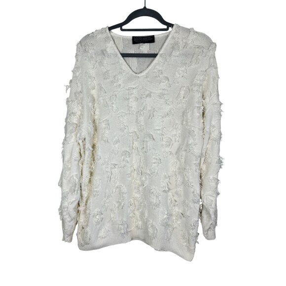 Retro Knit Fringe Sweater White L Neutral Classic Chic Preppy Fuzzy 80s Artsy - Picture 1 of 8